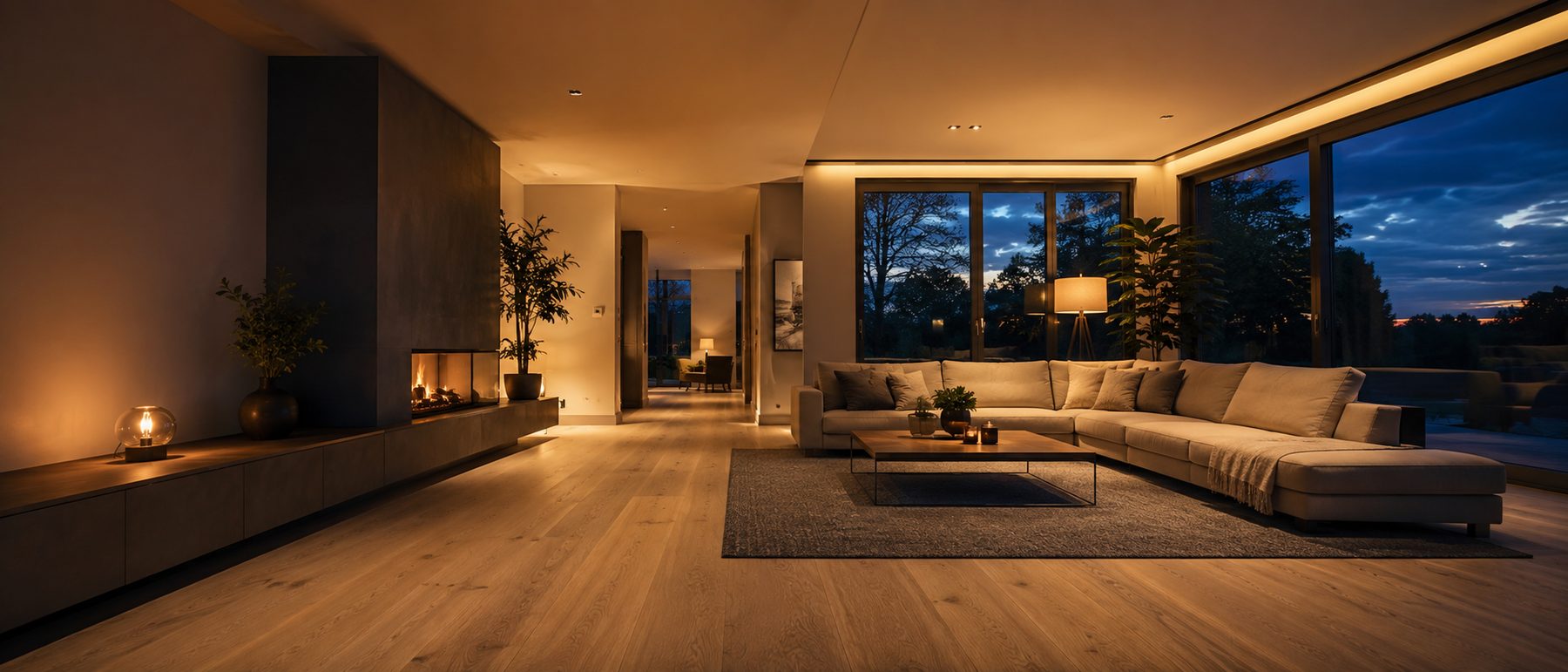 Wohnzimmer in warmem Abendlicht mit Kamin