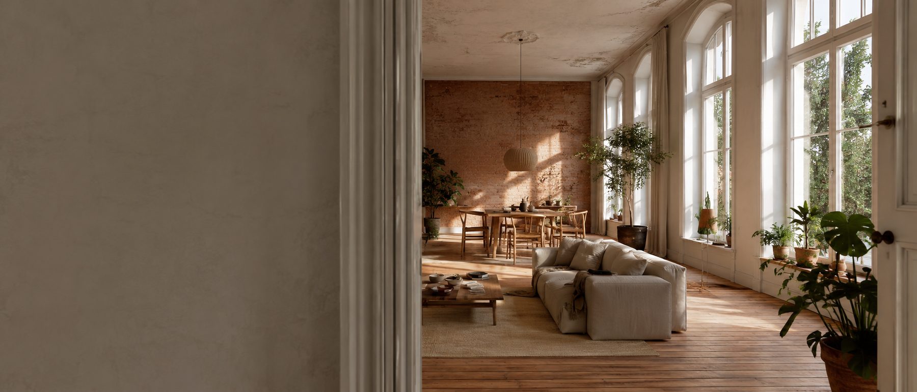 Heller Altbau-Wohnraum mit Backsteinwand